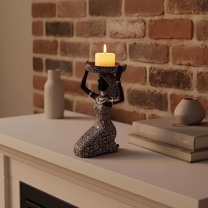 African Lady Figurine Candle Holder with African Tribal Totem for Wedding, Holiday Decor-African Decorative Women Statues, Candlestick Holder for Home and Table Decor(753-Brown)