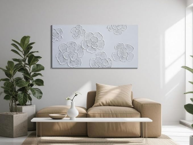 Arjun Flower Canvas Wall Art Hand Painted Framed Living Room Bedroom Decor | Textured Painting Elegant Modern White Floral Minimalism Picture for Home Office Wall Décor Large 40"x20" Horizontal Vertical
