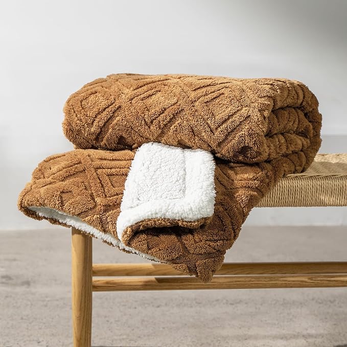 EverGrace Jacquard Reversible Sherpa Throw Blanket, 50" x 60", Burnt Orange | Jacquard Sherpa Throw Blanket, Super Soft, Cozy Plush Blanket, Reversible Thick Warm Throw for Bed, Sofa, Living Room
