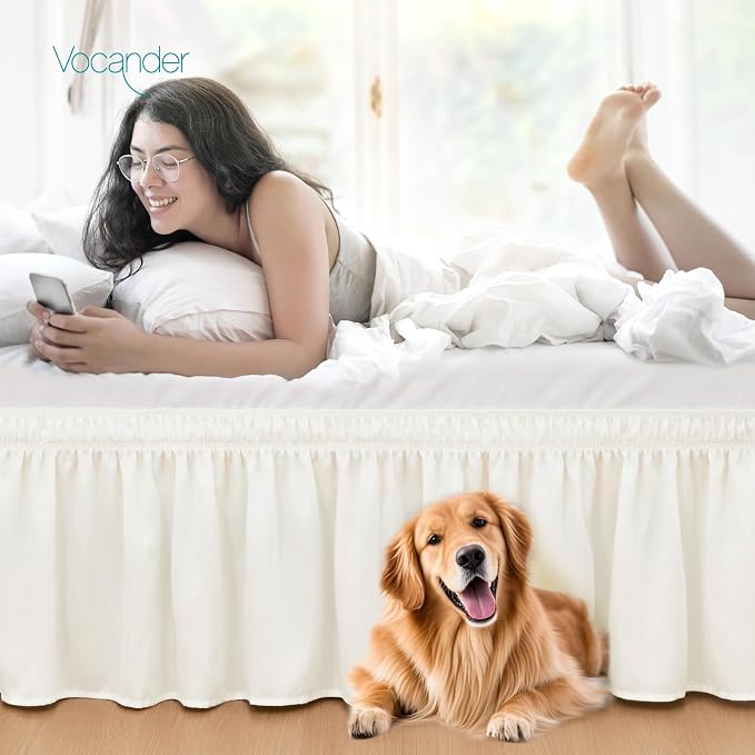 Vocander Cream Full Bed Skirt 14 Inch Drop, Elastic Wrap Dust Ruffle | Hides Underbed Storage, No Mattress Lifting, Elastic Stays Put, Soft Fabric, Machine Washable, Polished Look