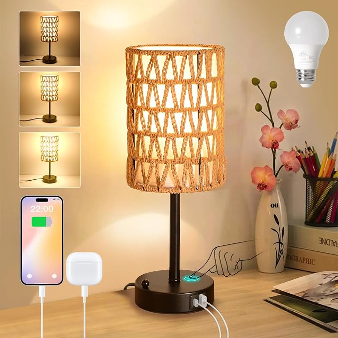 Rattan Table Lamps for Living Room, 3 Way Dimmable Touch Lamps, Small Bedside Lamps with LED Bulbs, Phone Stand, USB Ports and AC Outlet, Boho Nightstand Lamp for Kids Room, Bedroom, Office (1 Pack)