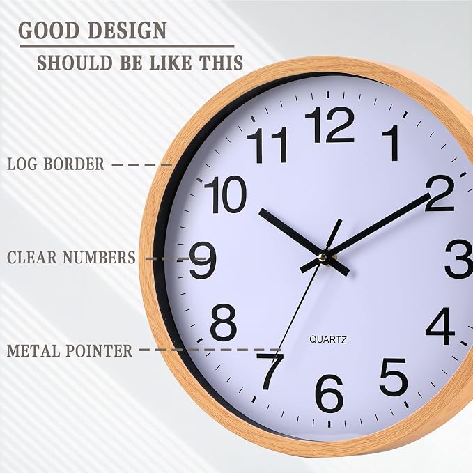 Wall Clock 12 Inch Wooden Frame Glass Cover Non-Ticking Number Quartz Modern Quartz Design Decorative Bedroom Kitchen Office Classroom Light Brown