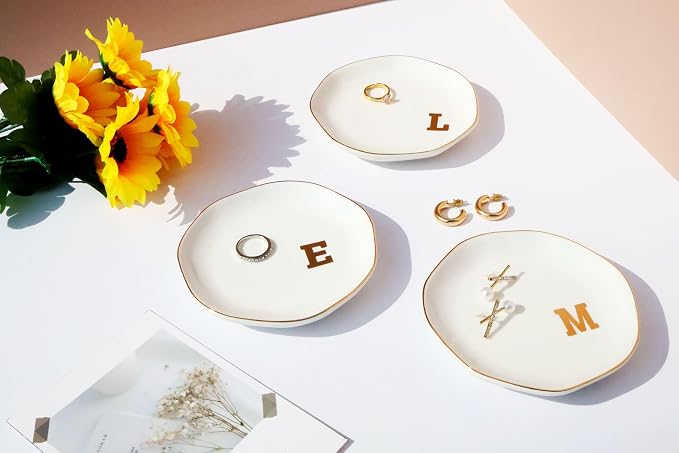 Ceramic Jewelry Tray Initial Ring Dish Personalized C-Monogrammed Engagement Wedding Gifts,Decorative Jewelry Holder for Birthday Mother's Day Christmas for Women, Ceramic White 4.5" (C)