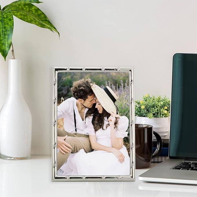 YiPinYin 5x7'' Bamboo Detail Designs Silver Metal Picture Frame 2pack,Elegant Silver Plated Baby Nurse Photo Frames 5x7'' With Soft Touch Velvet Backing for Desktop and Wall Décor