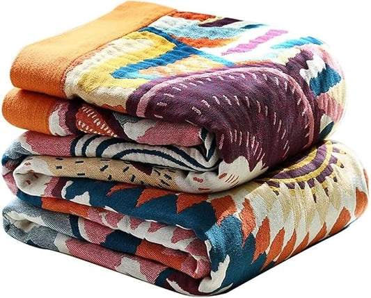 Boho Throw Blanket for Bed 100% Cotton Bohemian Blankets Ultra Soft Woven Muslin Decorative Blankets All Seasons Vintage Quilt Knitted Blanket for Sofa Chair (Colorful, 90"x98")
