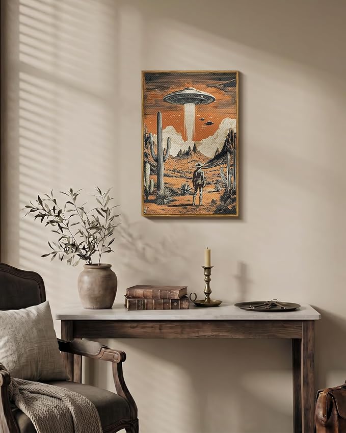 WHASAYART Retro UFO Cowboy Wall Art 12x16 Inch Framed Canvas Print | Vintage Science Fiction Desert Landscape Alien Spaceship Western Scene Cool Artwork, Man Cave Office Game Room Bathroom Decor