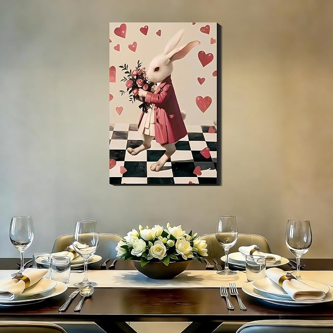 Large Whimsical Easter Bunny Canvas Art 24x36, Romantic Framed Rabbit Picture for Hallway, Bedroom, Light Spring Heart Pictures for Easter Dinning Room Home Wall Decoration