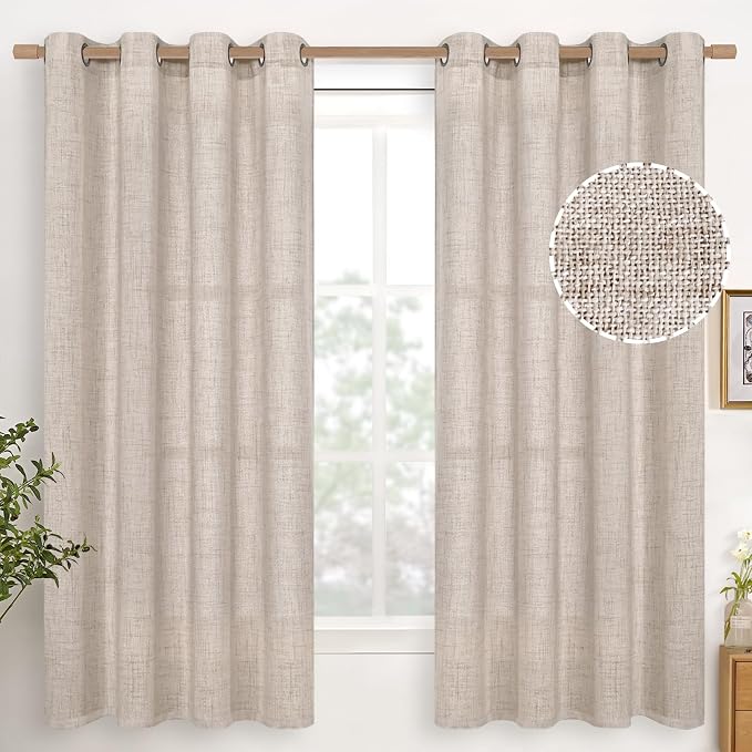 YoungsTex Linen Semi Sheer Curtains 63 Inch Length, Light Filtering Drapes | Bronze Grommet Beige Window Treatments for Office Bedroom Living Room, 2 Panels, 52 X 63 Inch