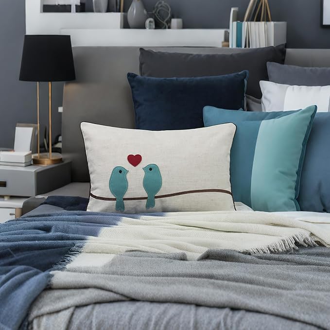 JWH Birds Throw Pillow Covers Decorative Animal Accent Cushion Cases Red Heart Pillowcase for Couch Bed Living Room Sofa 12x18 Inch Beige Teal Blue