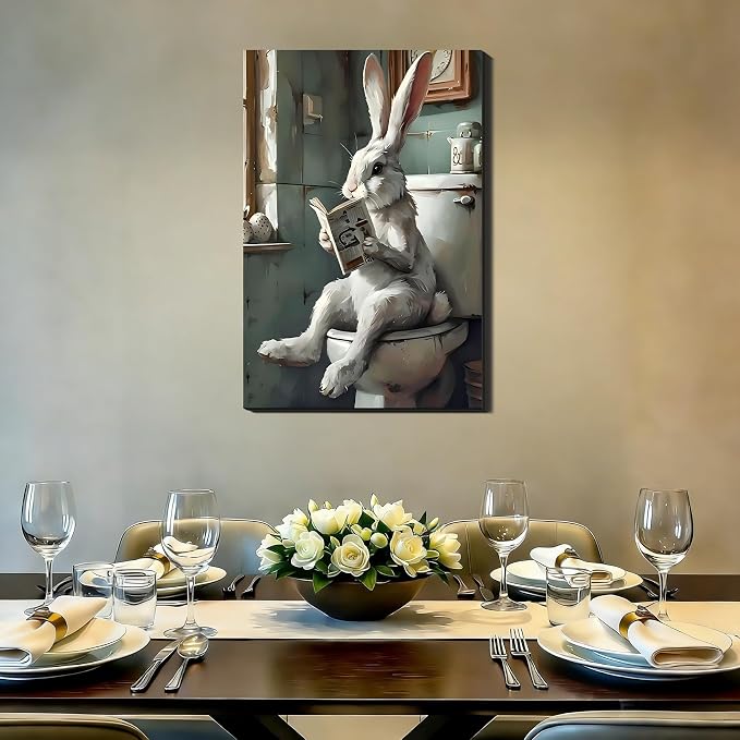Whimsical Easter Bunny Reading on Toilet Canvas Art, Unique Framed Rabbit Wall Decor for Bathroom, Retro Easter Paintings Prints Pictures for Home Wall Decoration, 16x24 In