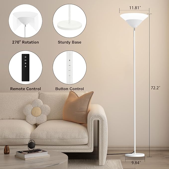 SIBRILLE Torchiere Floor Lamp, 30W Dimmable LED Standing Lamp with Remote/Button Control, 1800Lm, 3000-6500K, 72in Bright Standing Pole Light for Living Room Bedroom Office Corner, White