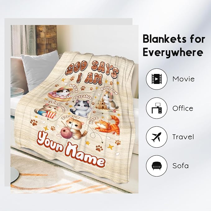 Personalized Cat Blankets with Name, Cat Themed Gifts for Girls Cat Lovers, Animal Print Blanket with Cats on It, God Says I Am Blanket for Kids Daughter Son, Fleece Throw Blankets for Bed, 60"x80"