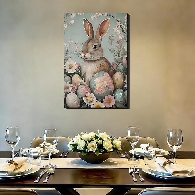 RIBNTAK Vintage Easter Bunny Eggs Wall Art, Colorful Rabbit Canvas Prints Wall Decor for Bedroom, Living Room,Bathroom, Bar, Office Classic, Rabbit Pictures Artwork & Farmhouse Easter Decor