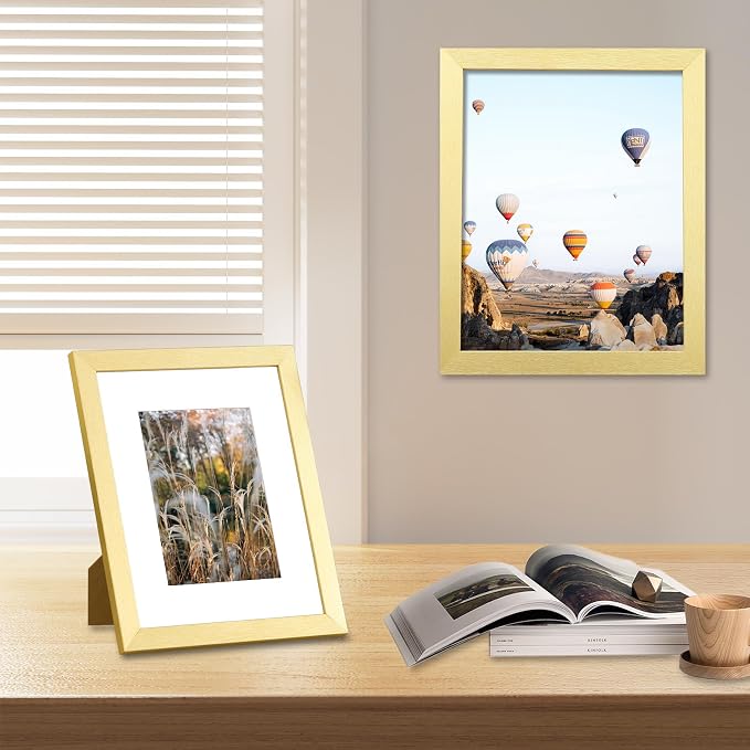Vittanly 8x10 Picture Frames Set of 9 for Wall or Tabletop Display, Gold | Display Pictures 5x7 with Mat or 8x10 without Mat, Small Photo Frames, Engineered Wood with Shatter Resistant Plexiglass