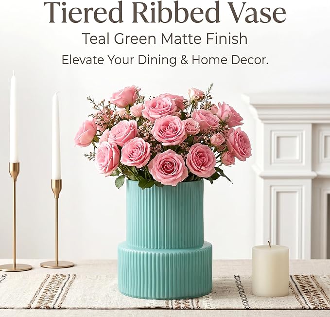 Green Ribbed Glass Vase, Modern Design Flower Vase | Home Decor for Living Room, Dining Table, Entryway, Office, Wedding Centerpieces