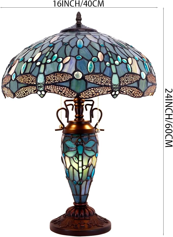 WERFACTORY Tiffany Table Lamp Sea Blue Stained Glass Dragonfly Style Light
