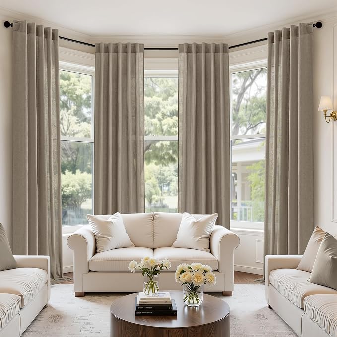 MIULEE Dark Taupe Back Tab Linen Curtains 4 Panels 42W x 84L | Linen material, light filtering, rod pocket back tab hanging, farmhouse decor for living room bedroom