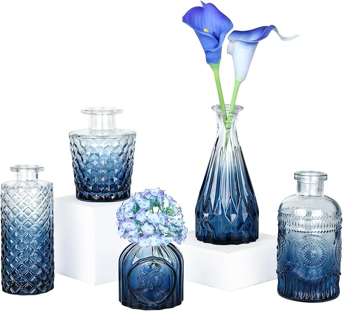 TBWIND Blue Glass Bud Vase Set of 5, Small | Flower Vases for Centerpieces in Bulk, Mini Vintage Vase, For Wedding Decor, Single Flowers and Home Table Décor