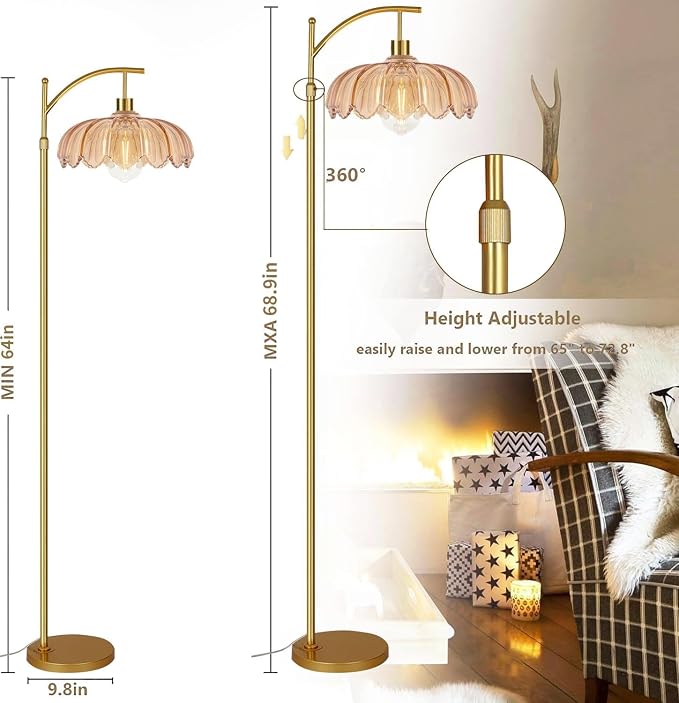 Vintage Floor Lamps for Living Room Glass Floor Lamp with Remote Control & 3 Color Temperature,Dimmable Floor Lamp Gold Mid Century Modern Standing Lamp Brass Tall Floor Lamps for Bedroom Corner