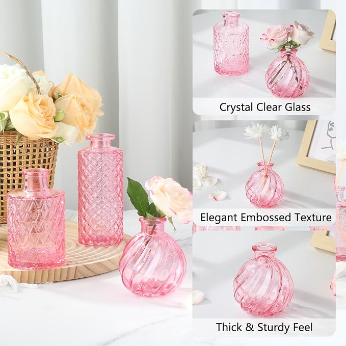 RUCKAE 12 Pack Glass Bud Vases Mini Flower Vase Small Vintage Vases for Centerpiece Table Wedding Decorations Home Decor Party(Pink)