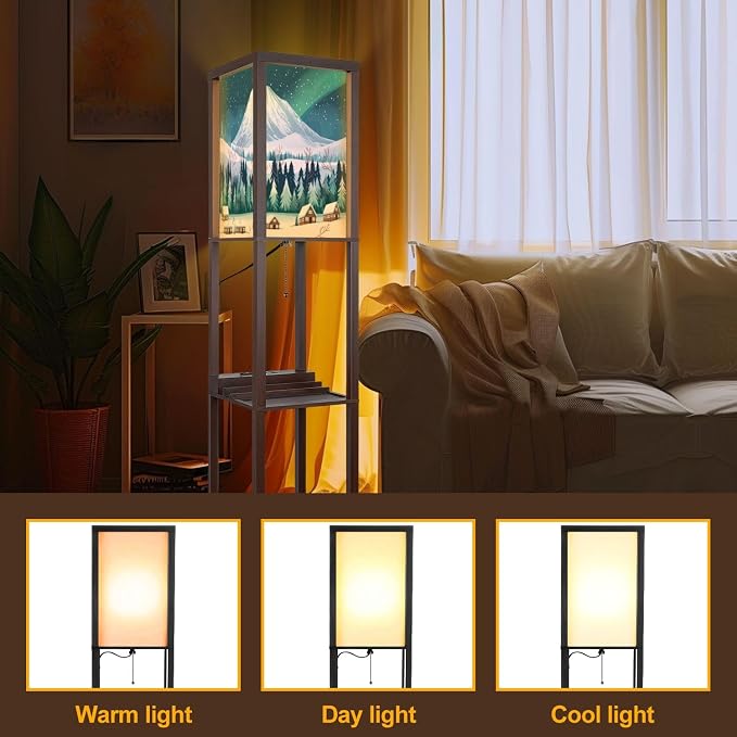 Floor Lamp with Shelves Snow Capped Mountain Wooden Cabins Crisp White Forest Standing Tall Lamp USB Ports & Power Outlet Modern Corner Lamp Nightstand Light for Living Room Bedroom