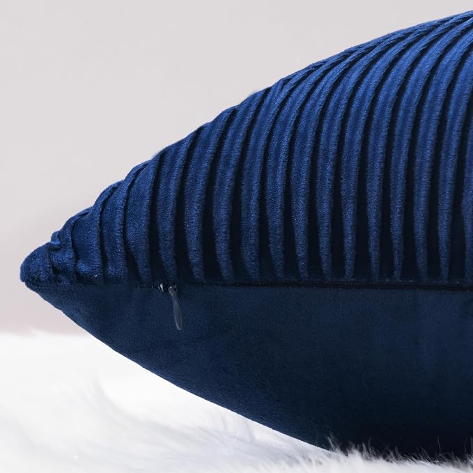 YCOLL Navy Blue Pillow Covers 16x16 Set of 2 Velvet Striped Pattern - Soft Throw Pillows for Home Decor, Luxury Decorative Pillow Covers for Couch, Bed,Living Room