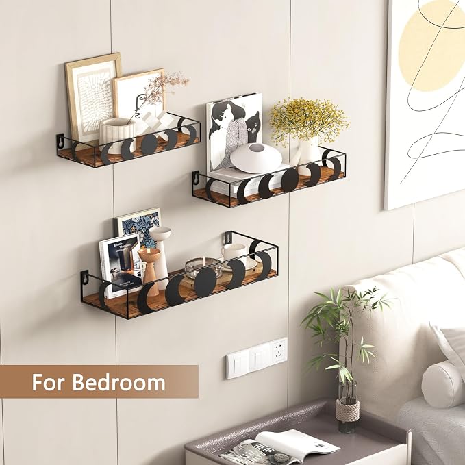 PHAREGE Black and Brown Moon Phase Floating Wall Shelves Set of 3
