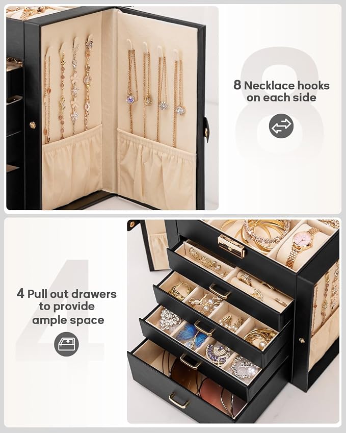 Homde Large Jewelry Box for Women: 5-Layer Organizer with Lock for Dresser | Separated Storage for Necklace Earring Ring Watch to Sort Daily Jewelry - Keep Vanities Tidy - Suitable for Birthday Gift