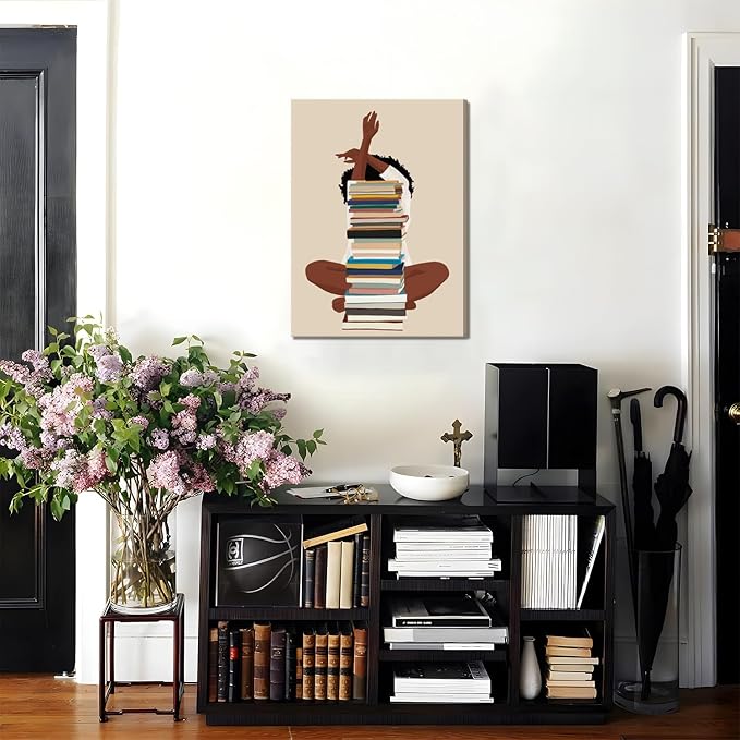 AKWISH Black Girl Canvas Wall Art - African American Wall Decor, Modern Black Woman with Book Art for Bedroom Living Room - Framed 12x16 inch