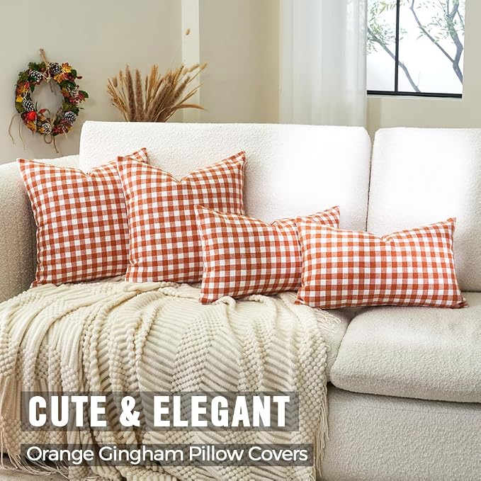 Fall Burnt Orange Plaid Gingham Outdoor Lumbar Pillow Covers 12x20 Set of 2 | Thanksgiving Autumn Lumbar Pillow Cover 12 x 20, Cojines De Otoño Para Sala, Aesthetic Fall Room Decor, Patio Outdoor Pillow