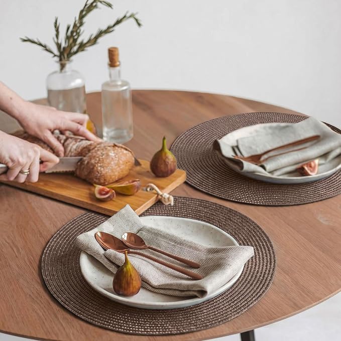 FunWheat Round Braided Placemats Set of 6 Table Mats for Dining Tables Woven Washable Non-Slip Place mats 15 inch (Brown, 6pcs)