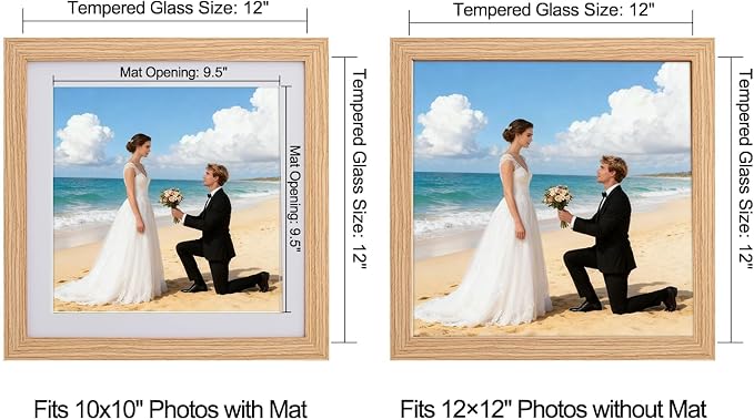 12x12 Picture Frame Natural,10x10 Mat,Tempering Glass,Engineered Wood