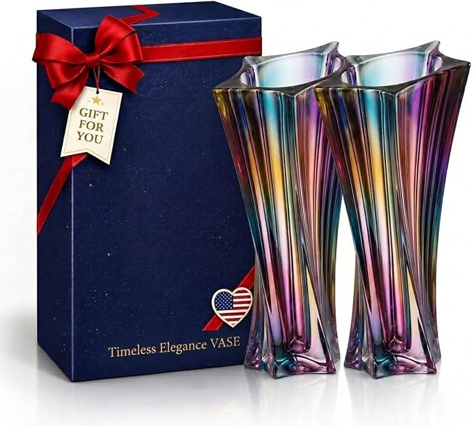Crystal Glass Vase – Heavy Crystal Vase for Flowers with Weighted Bottom, Thick Durable Decorative Vases for Modern Home Decor, 9.8″ 3.5lb Clear Centerpiece (Heavy Color X 2)