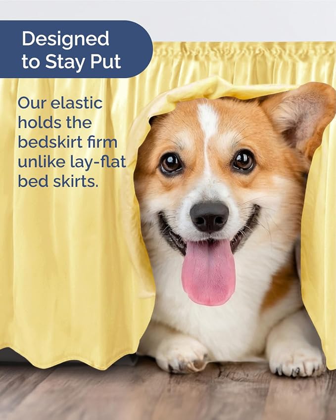Wrap Around Dust Ruffle Bed Skirt, Queen Size Beds - 21 Inch Drop, Yellow | Easy Fit Elastic Strap, Adjustable Pleated Bedskirt w/Brushed Fabric, Wrinkle & Fade Free, for Women, Men, Kids & Teens