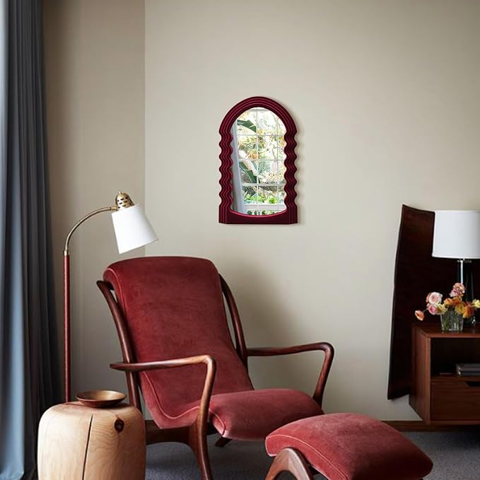 Mid-Century Modern Mirror Wall Decor for Home Office,Wine Red | 16x10",Soft Flocking Touch,Elegant Decorative Mirror for Entryway Porch Fireplace,Irregular Hanging Wall Art for Christmas