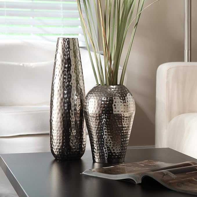 Hosley Hammered Metal Vase, 16.5” Tall Silver Teardrop Flower Vase for Centerpieces, Table Décor, Home & Wedding