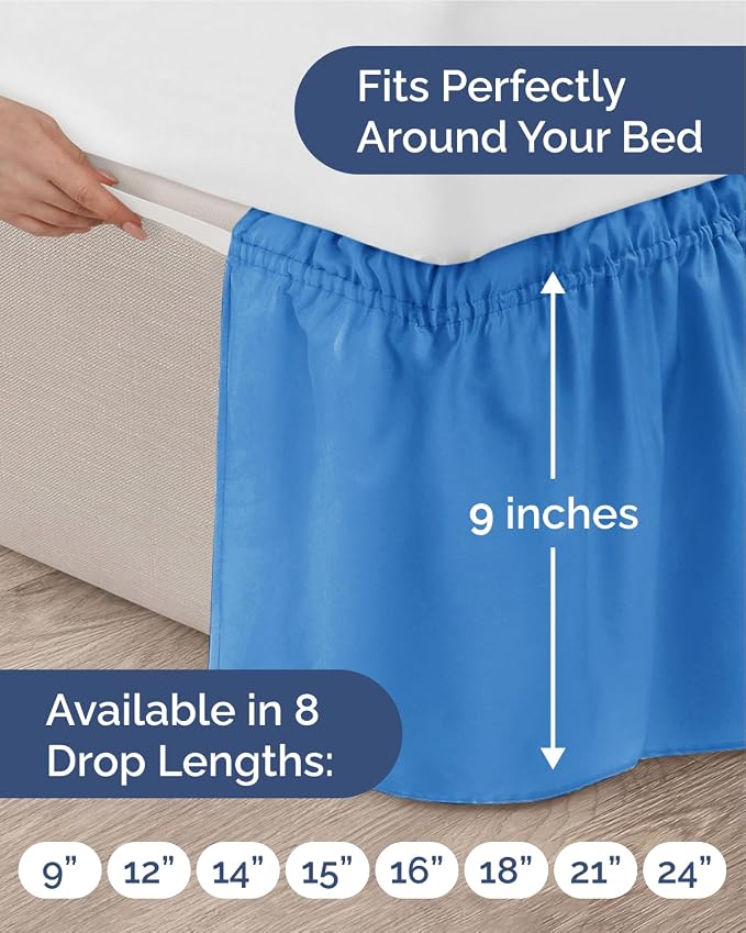 Wrap Around Dust Ruffle Bed Skirt - Royal Blue - for Full Size Beds w/ 9 Inch Drop - Easy Fit Elastic Strap - Adjustable Pleated Bedskirt w/Brushed Fabric - Wrinkle-Free - Women, Men, Kids & Teens