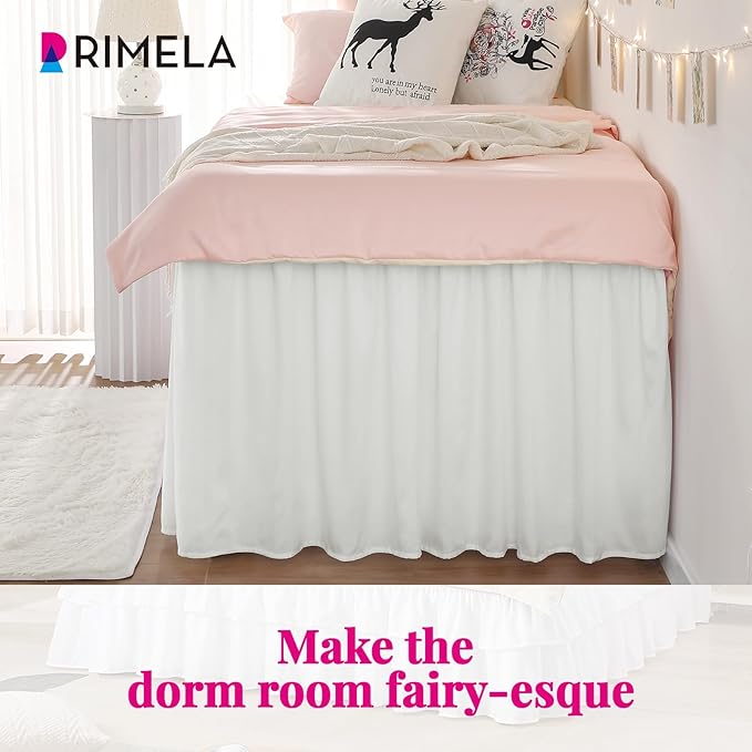 Dorm Bed Skirt Twin XL 46" Drop, College Dorm Essentials, Warm White | Solid ruffled, Wrap-around/elastic, Wrinkle & Fade resistant, with Adhesive Strips, Gift Packed, Machine Wash/Tumble Dry/Iron