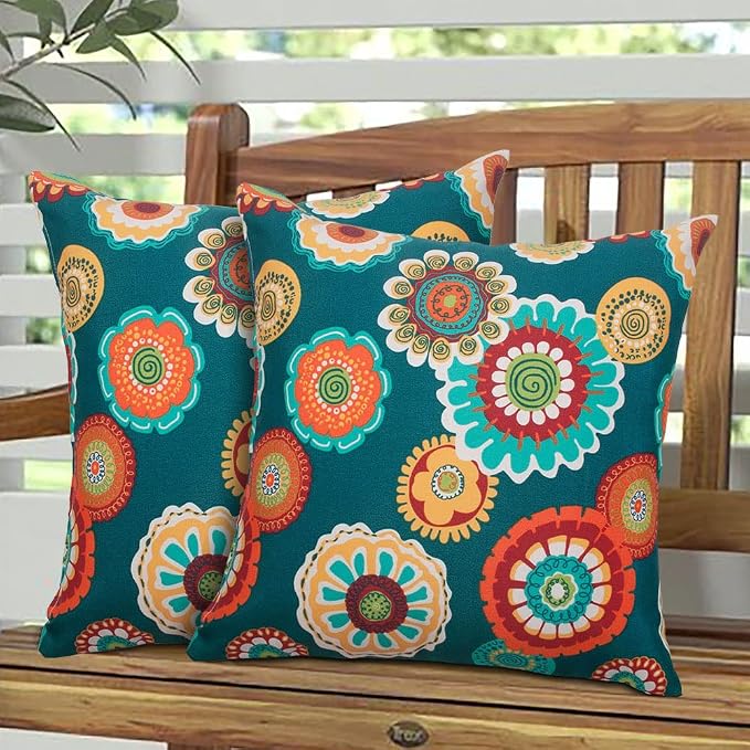 Magpie Fabrics Pack of 2 Outdoor Waterproof Throw Pillow Covers 18 x 18 Inch, Christmas Decorative Cushion Sham Pillowcase Shell for Garden Patio Tent Balcony Couch Sofa(Floral Green)