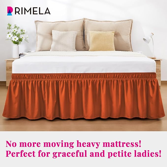 Orange Yellow Bed Skirt Queen 15" Drop, Elastic Wrap Around Bedskirt | Solid Ruffled, Easy to Use, No Mattress Lifting, Wrinkle & Fade Resistant, with Adhesive Strips, Machine Wash/Dry/Iron