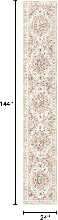 Madane Washable Runner Rugs 2x12 Long for Hallway Kitchen Soft, Pink | Non-Slip Vintage Printed 12ft Rug Runners with Rubber Backing, Low-Pile Floor Carpet Laundry Room Entryway, Corridor
