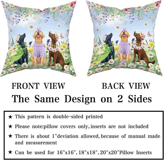 Giwawa 2PCs Spring Dogs Throw Pillow Covers, 20"x20" Colorful Wildflowers Funny Puppy Decorative Square Pillow Cases, Watercolor Floral Animal Cotton Cushion Covers Sofa Porch Bedding Decor