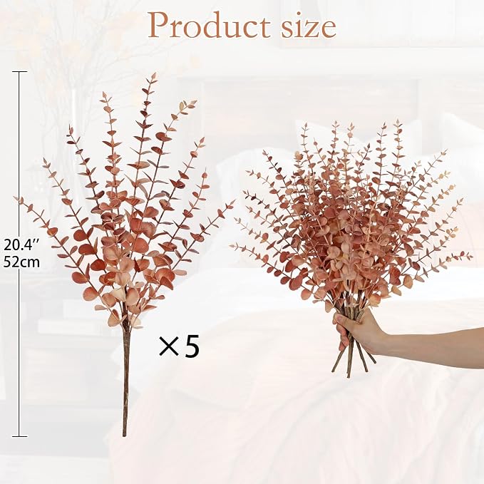 GnFlus 5 Pcs Artificial Eucalyptus Stems Fall Eucalyptus Leaves Autumn Leaf Branches Fall Decorations with Foam Fall Leaves for Home Floral Arrangement Autumn Festival Thanksgiving Decor Red