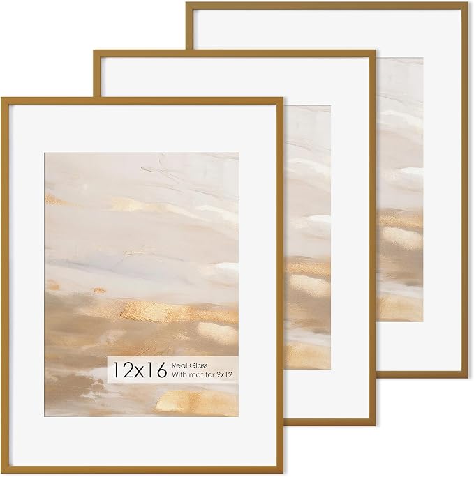 Fun Memories 12x16 Metal Picture Frame -12x16 Aluminum with Shatter-Resistant Glass - Displays 9x12 Photos Mat or Images without Ideal for Home Office Decor(Bronze, Pack of 3)