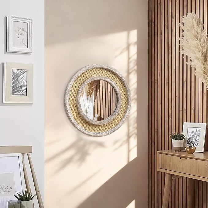 JJUUYOU Round Mirror Wood Framed Circle Rattan Hanging Mirrors for Wall Rustic Decorative for Living Room Bathroom Bedroom Entryway White 16 Inch