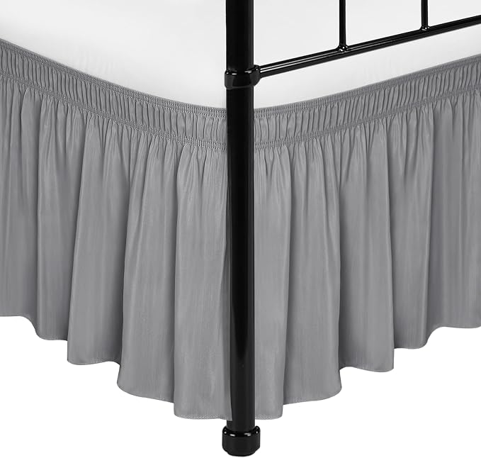Wrap Around Bed Skirt Split Corners Twin & Twin XL-Dorm Elastic Dust Ruffle | Silver Grey 18" Drop-Adjustable Pleated Bedskirt-Easy Fit Wrinkle Resistant Washable-College Apartment Guest Bedroom Canopy