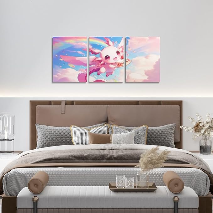 Feelyou Kids Cute Axolotl Wall Painting Posters Galaxy Cloud Picture Wall Decor Boys Girls Cartoon Animal Canvas Wall Art Living Room Bedroom Dreamy Rainbow Teens Bathroom Wall Art 12"x16"x 3Pcs