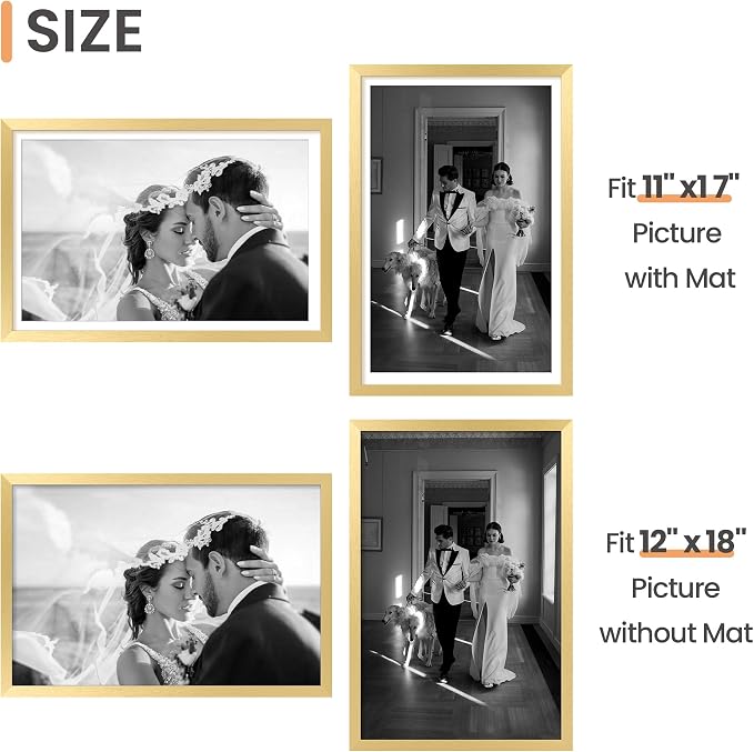 upsimples 12x18 Picture Frame, Gallery Wall Frames Set of 5, Gold | Poster Frame Collage Wall Decor, 11x17 Picture Frame with Mat for Family, Wedding, Hallway, Christmas