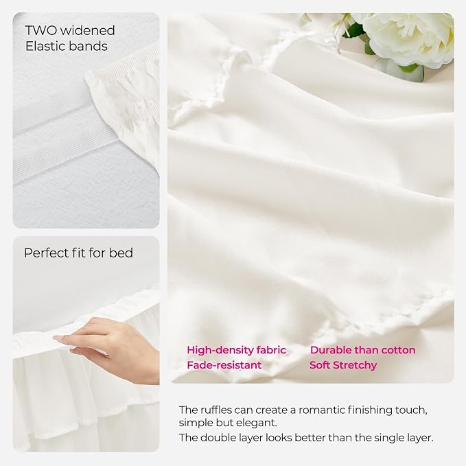 RIMELA Full Size Ruffle Bed Skirt 14 Inch Drop - Cream White Double Layered Wrap Around Dust Ruffle, Romantic Cute Design Bedskirt with High-Density Fabric, Soft Stretchy, Easy Install for Full Bed