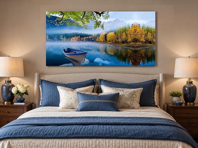Arjun Lake Canvas Wall Art Landscape Blue Boat Painting Framed Large 40x20 | Wall Art for Living Room Picture Bedroom Nature Mountain Artwork Modern Nature Scenery Home Office Dining Room Wall Decor